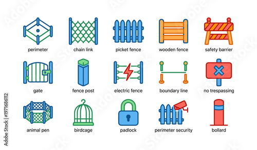 Colorful fence and barrier icons set featuring various security elements