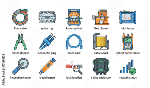 Fiber optic tools and equipment icons for network maintenance and installation