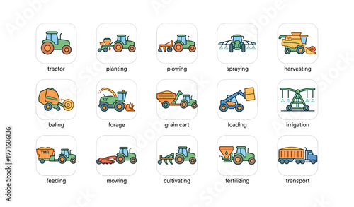 Agricultural equipment icons: tractor, plowing, harvesting, irrigation, transport