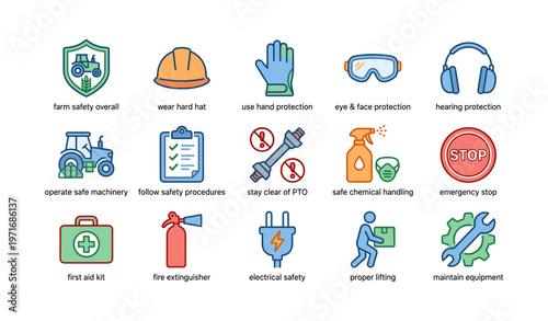Safety equipment and procedures icons for farm and workplace protection