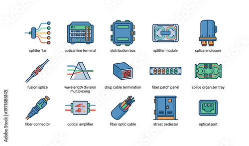 Telecommunications equipment icons: splitters, amplifiers, optical modules, panels, cables