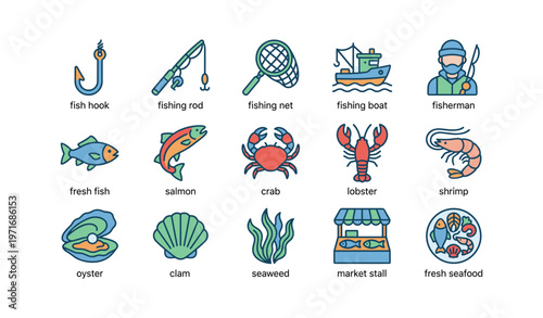 Colorful icons of fishing equipment and seafood