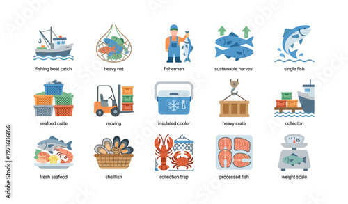 Fishing industry icons: equipment, seafood, transportation, harvest