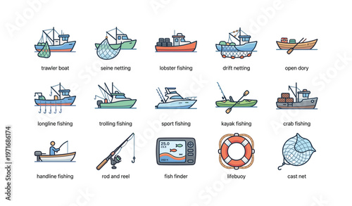 Illustrated boats and fishing equipment: trawler, kayak, rod, lifebuoy