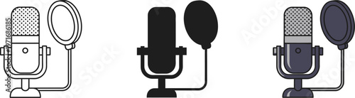 Professional studio microphone equipment set featuring linear silhouette and solid black icon styles for podcasting recording or broadcasting creative media production 