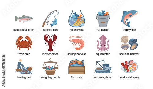 Collection of seafood illustrations with fish, crabs, lobster, and maritime themes
