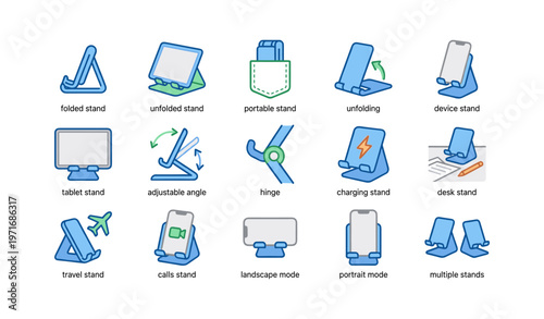 Illustration of versatile device stands for travel and desk use