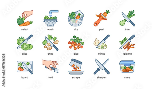 Illustrated guide to vegetable preparation techniques with simple icons