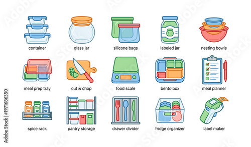 Kitchen organization: containers, food storage, meal prep tools, labels, organizers
