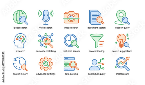 Icons depicting modern search technologies and tools for efficient information retrieval