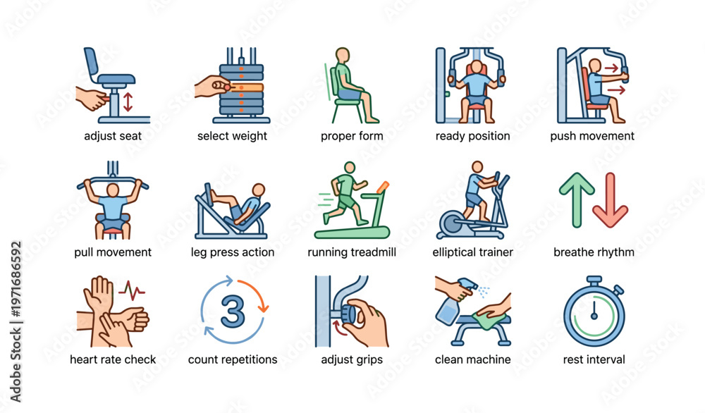 Fototapeta premium Fitness exercise icons: equipment setup and workout actions
