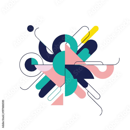 Dynamic Abstract Composition with Colorful Geometric Shapes and Fluid Intersecting Lines.