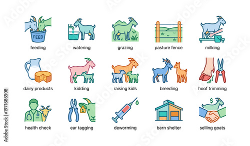 Colorful goat farming icons: feeding, milking, raising kids, health check, barn shelter