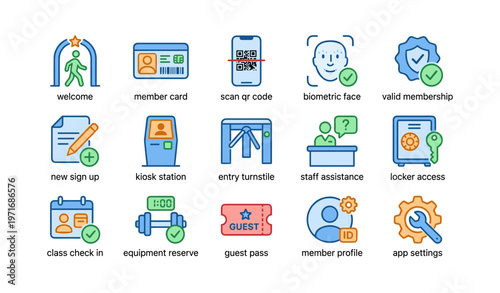Illustrated icons of membership access and security features
