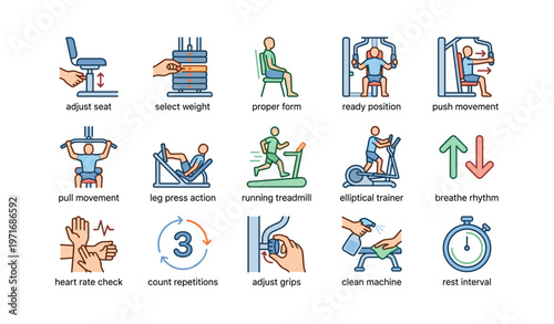 Fitness exercise icons: equipment setup and workout actions