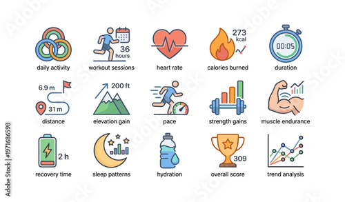 Fitness tracking icons depicting heart rate, calories, distance, and strength gains