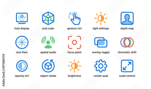 Tech icons set: hologram, projection, gesture control, audio, and brightness symbols