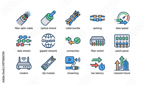 Icons of fiber optic technology: cables, data speed, gigabit network, streaming, low latency