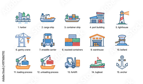 Harbor equipment and icons: ships, cranes, containers, and tugboats