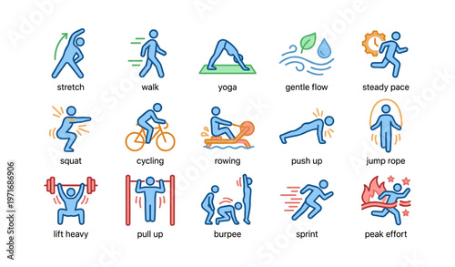 Colorful fitness icons depicting various exercises and activities
