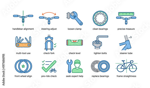 Bicycle maintenance icons for adjustments and safety checks