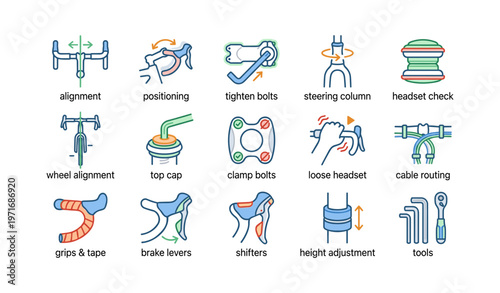 Bicycle maintenance icons: alignment, bolts, handlebars, brake levers, tools