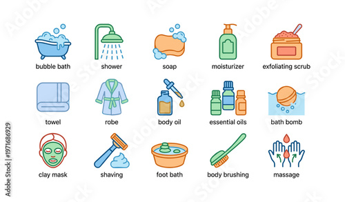 Set of spa and bath icons including soap, bath bomb, and shower elements