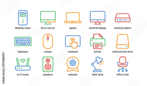 Colorful technology icons: computers, accessories, and office equipment