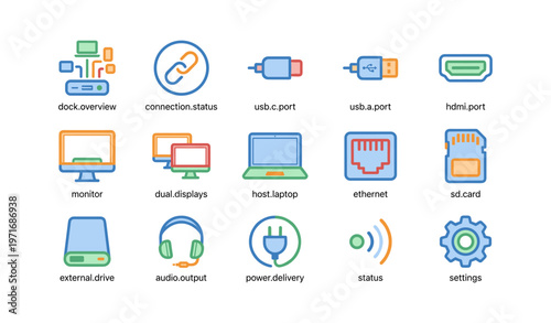 Technology icons for connectivity and devices: usb, hdmi, monitor, laptop, ethernet