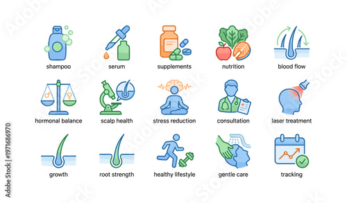 Icons representing health and wellness concepts: supplements, nutrition, scalp health