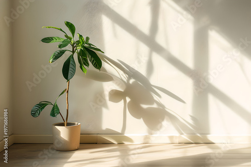 Minimal Interior with Plant and Window Shadow Natural Light Background Copy Space