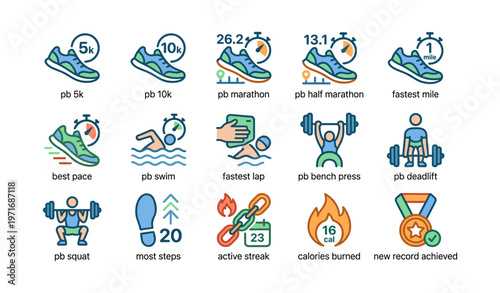 Fitness achievement icons illustrating running, cycling, weightlifting, and swimming progress