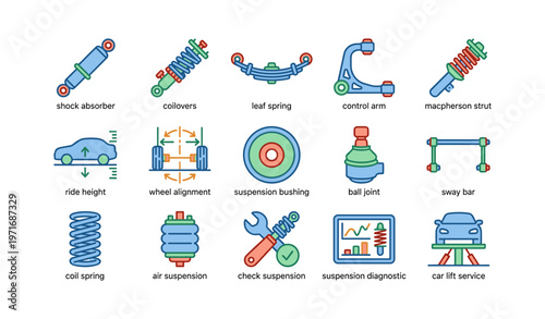 Automotive suspension system components and diagnostic tools illustrated