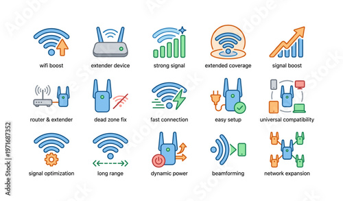 Home wifi extender and router icons for improved signal and network coverage