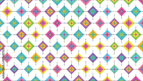 Seamless pattern with vibrant, cheerful geometric design, featuring colorful layered rhombus and diamond shapes connected by lines and dots. A modern abstract background, perfect for