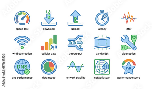 Internet connectivity icons: speed test, download, upload, latency, jitter