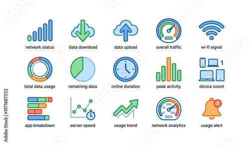 Colorful internet data icons representing usage, reports, and traffic metrics