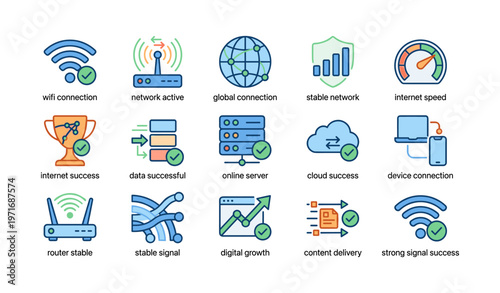 Network and internet connectivity icons representing speed, stability, and success