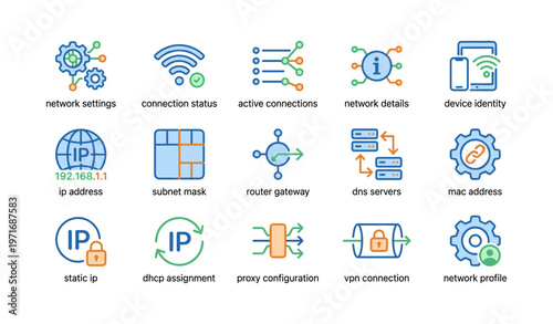 Network configuration icons: router gateway, vpn, dns, subnet, ip address connections