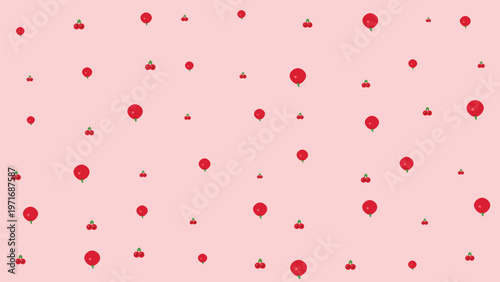 Seamless pattern of scattered red cherries and single berries with green stems on a soft pastel pink background. This cute, minimalist flat design vector is ideal for kids' fabric, wrapping