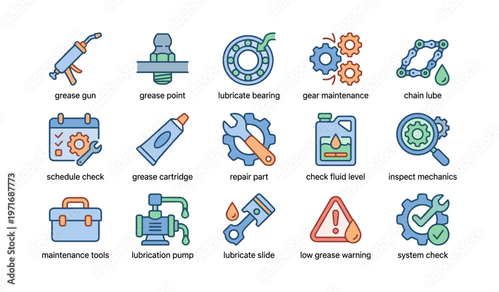 Fototapeta premium Lubrication tools and maintenance icons for gear and mechanics care