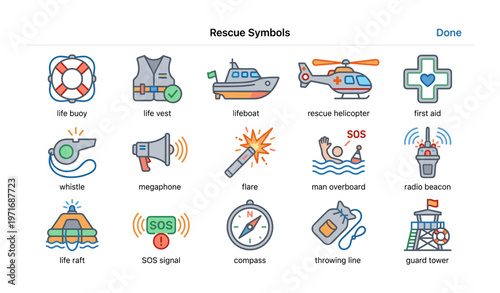 Rescue symbols: life buoy, lifeboat, rescue helicopter, first aid, compass