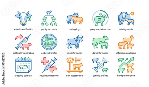 Comprehensive cattle management icons for farming and breeding
