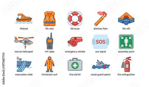 Emergency maritime safety equipment icons collection