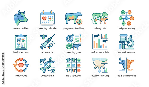 Comprehensive animal breeding and health management icons