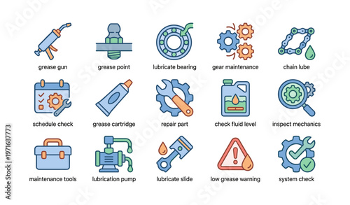 Lubrication tools and maintenance icons for gear and mechanics care