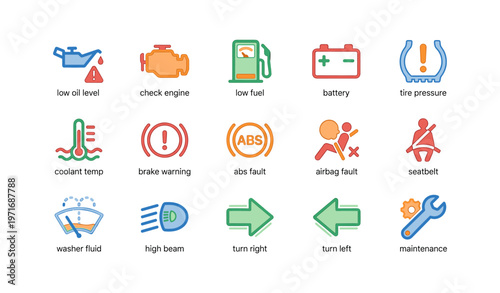 Car dashboard warning lights and symbols for vehicle maintenance