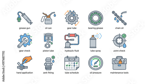 Icons of lubrication tools and maintenance equipment in mechanics