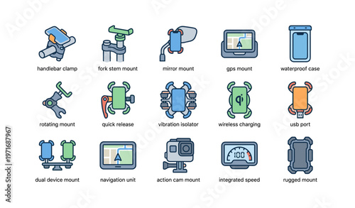 Bicycle accessory icons - handlebar clamp, gps mount, waterproof case, wireless charging, vibration isolator