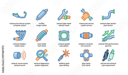 Motorcycle exhaust system icons - tools, repair, and parts
